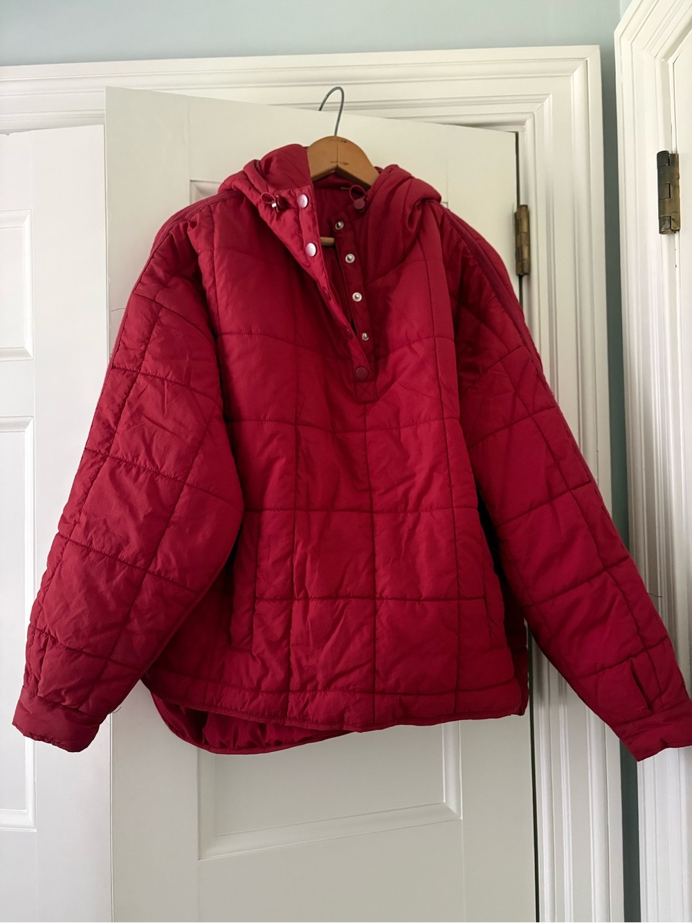 Women's Red Quilted Hooded Pullover Jacket